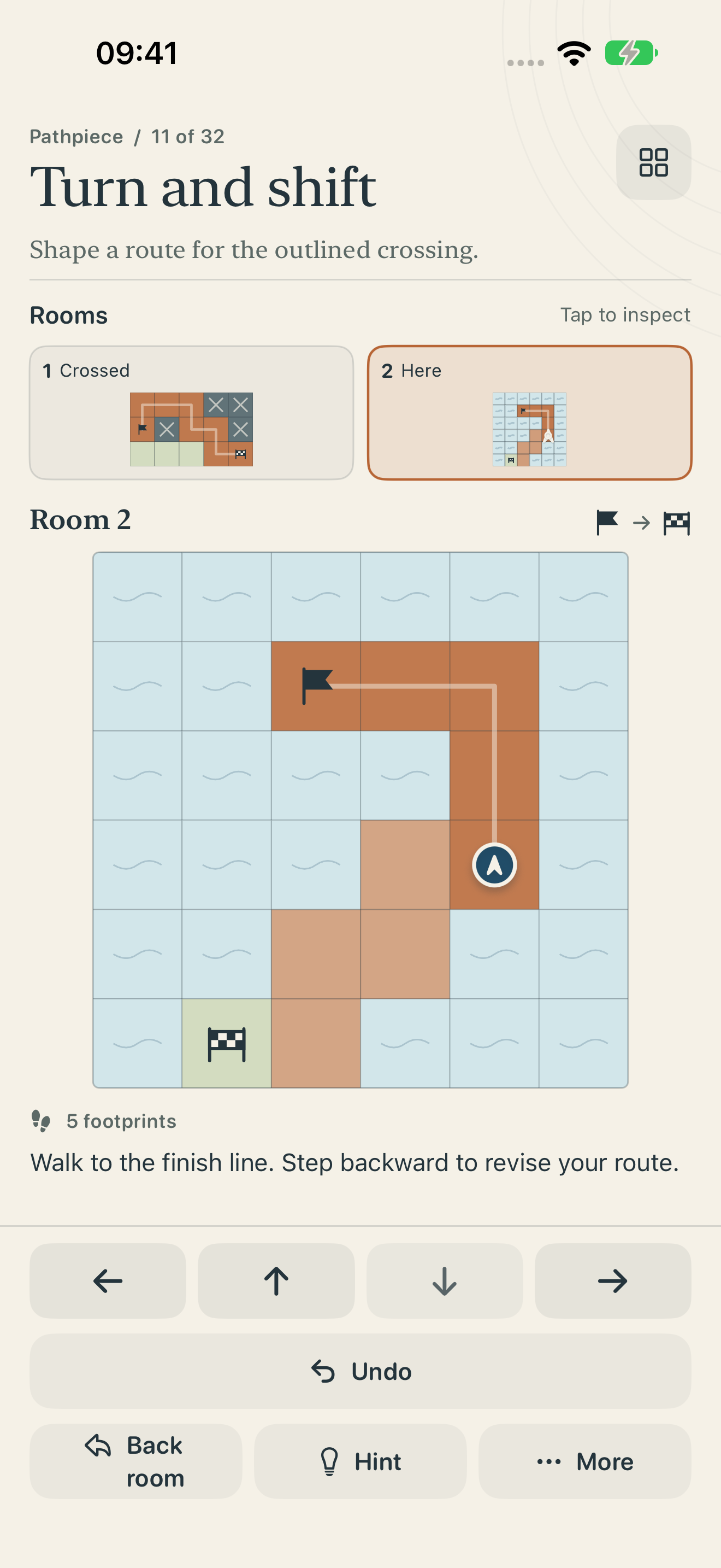 Pathpiece gameplay showing a tile bridge across a pale blue grid.