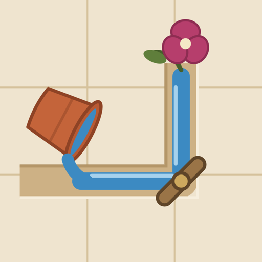 The Acequia icon: a clay pot pours water along a channel, and a wooden rocker turns it up to a flower.