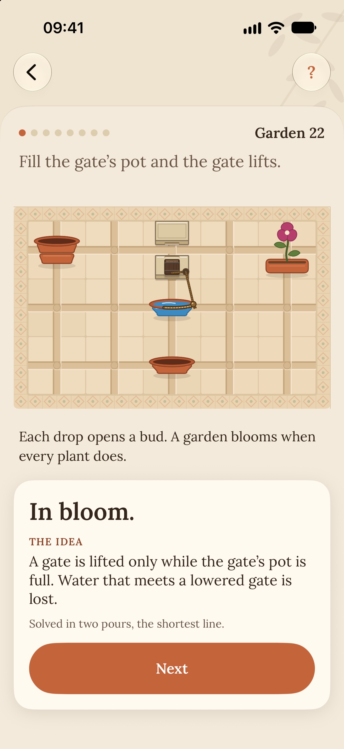 Acequia on iPhone: the garden in bloom, and a card that reads In bloom, with the idea the garden taught.