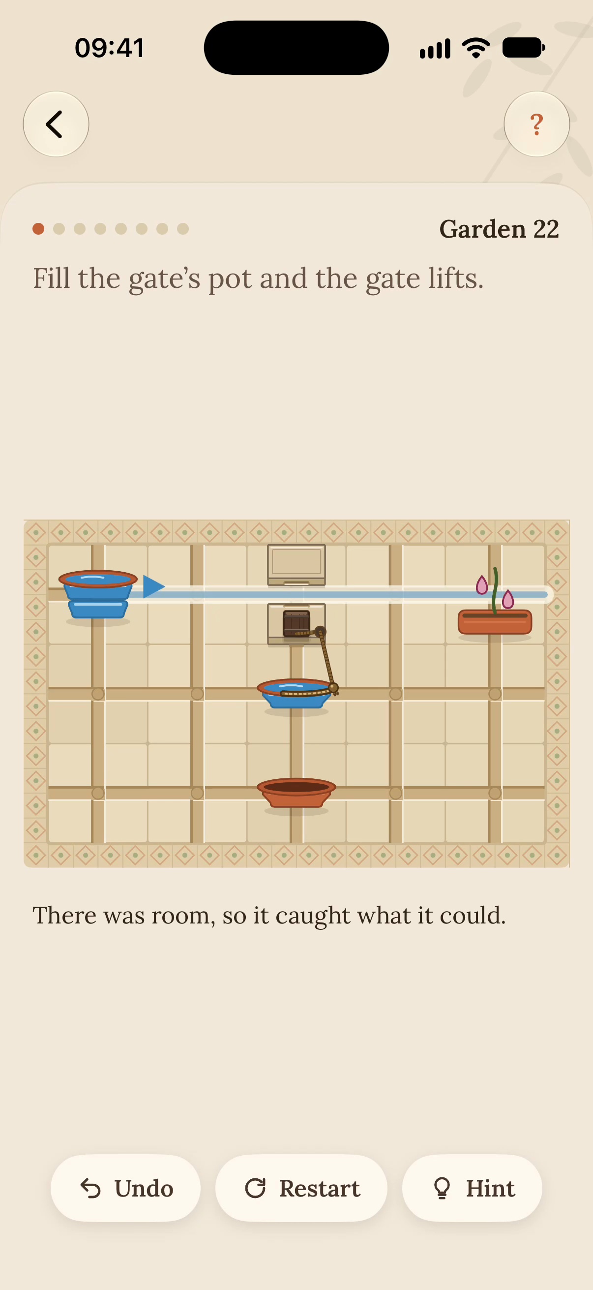 Acequia on iPhone: garden 22, a pot held, its route drawn as a line to the plant beyond a sluice gate.