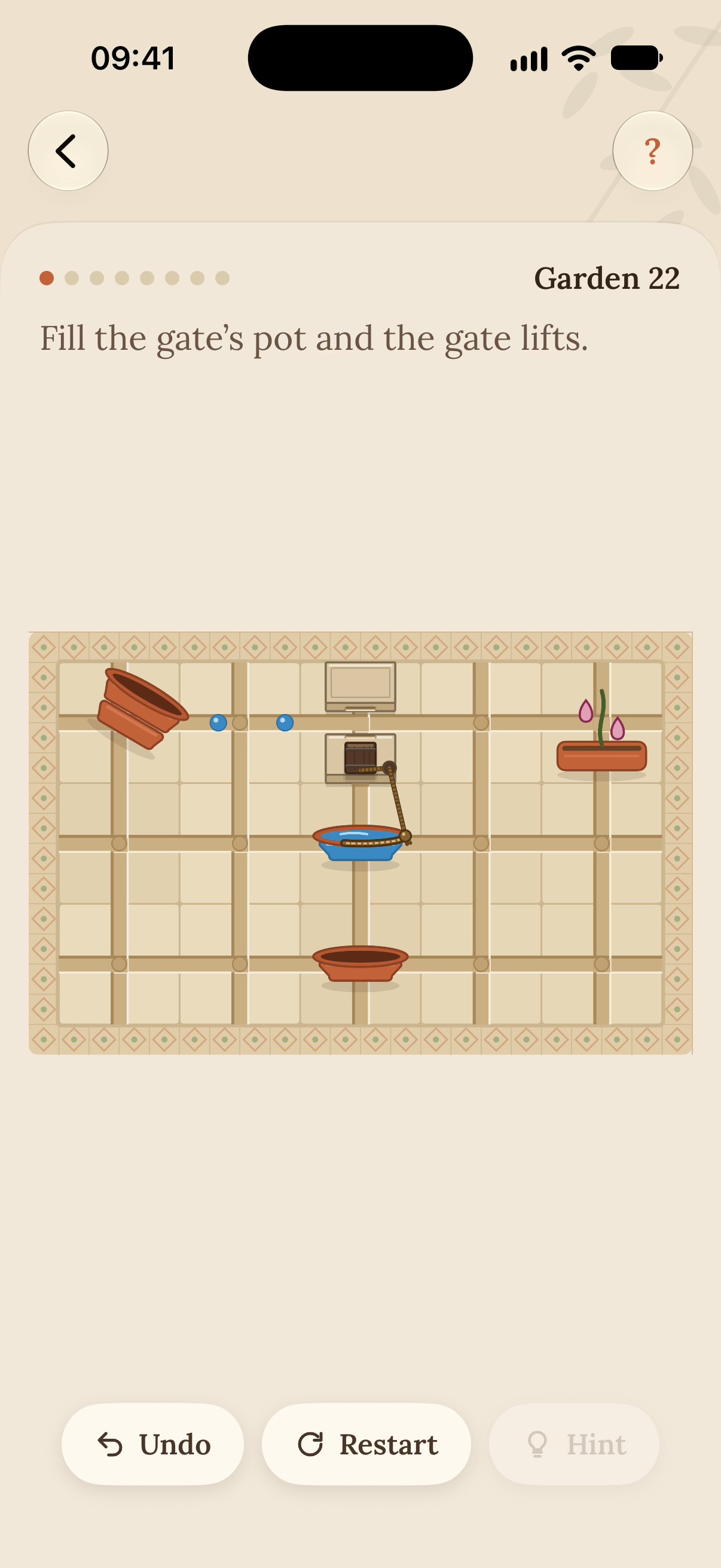 Acequia on iPhone: the pot tips and two drops of water run along the groove toward the lifted gate.