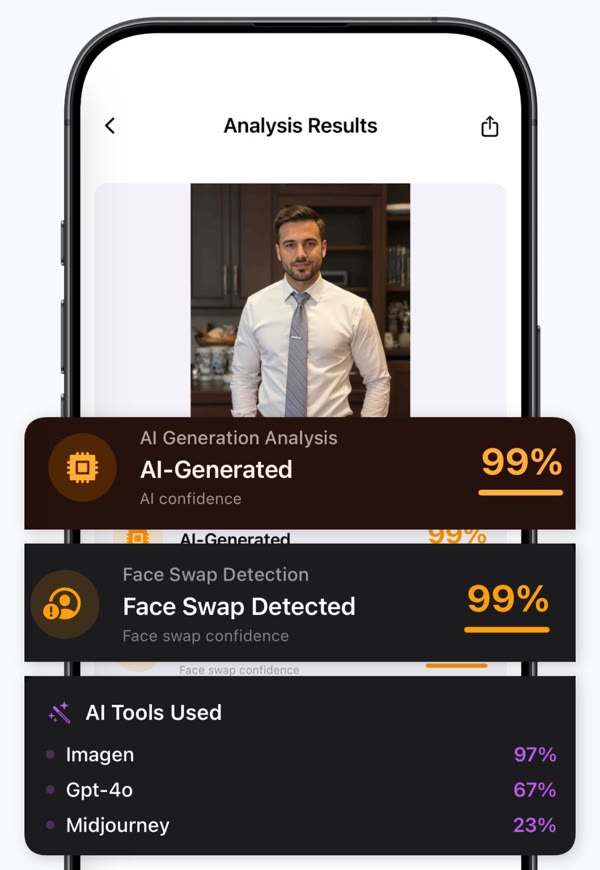 A result for a photo: AI-generated 99%, face swap detected 99%, and the AI tools most likely used: Imagen 97%, GPT-4o 67%, Midjourney 23%.